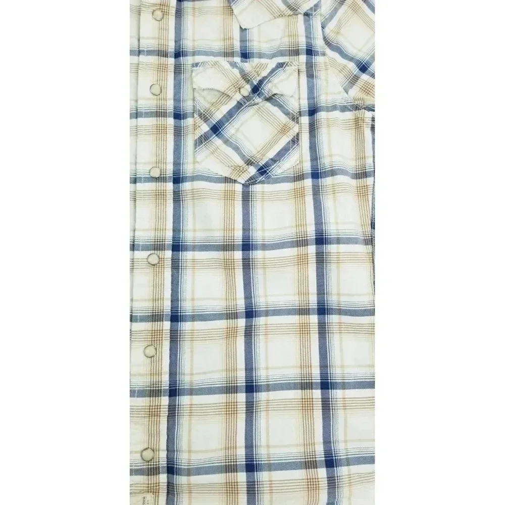 Ruehl No. 925 Size Medium Men's Vanilla Tan Gray Plaid Western Pearl Snap Shirt - Picture 6 of 10